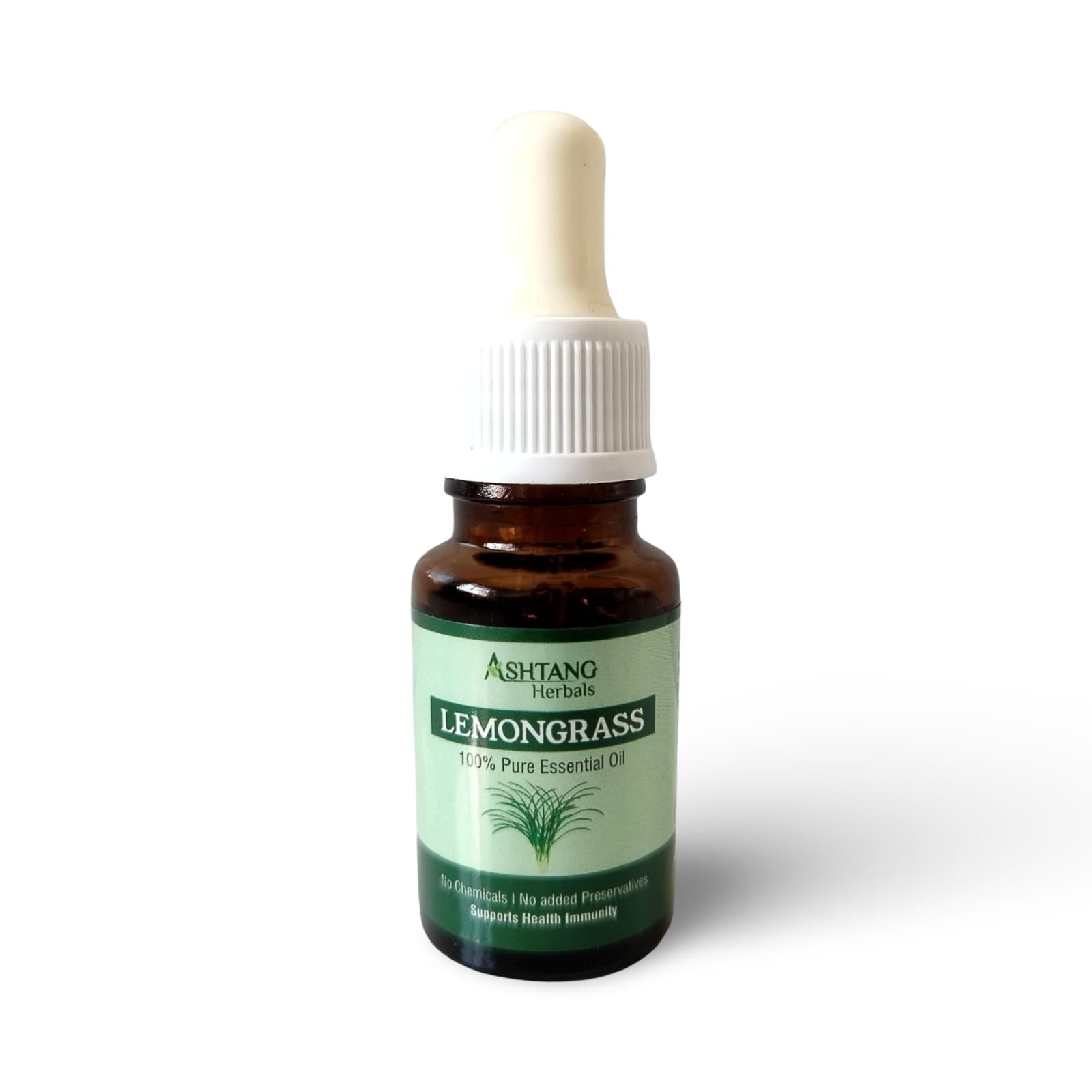 Bottle of Ashtang Herbals Lemongrass essential oil on a white background